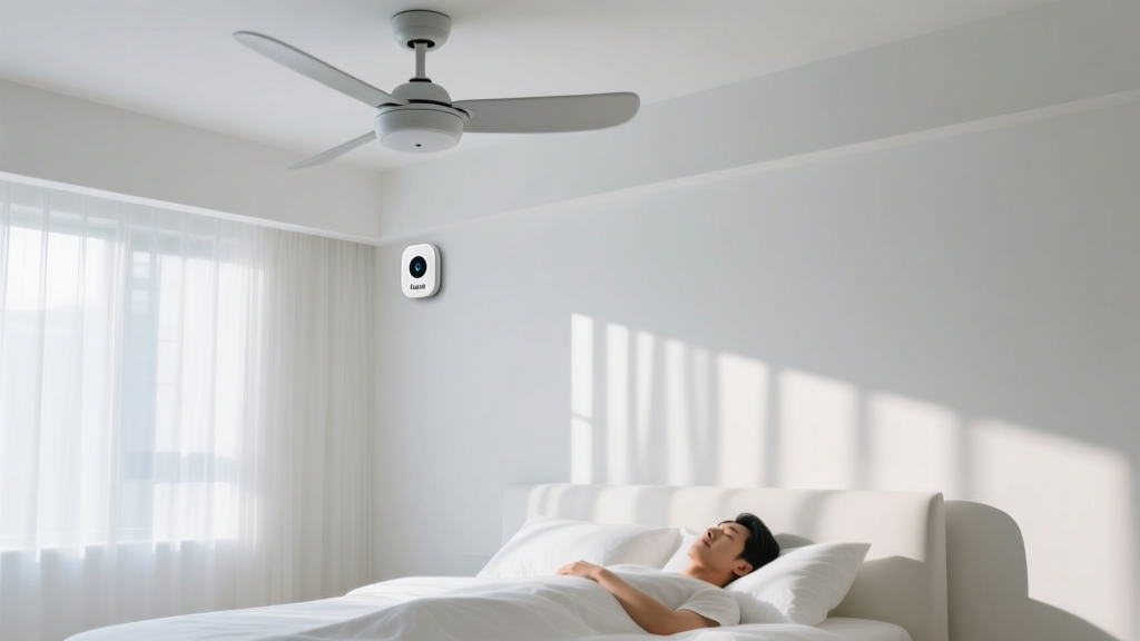 Aqara FP2 presence sensor mounted on a white bedroom ceiling corner detecting a person sleeping in bed while a ceiling fan spins above