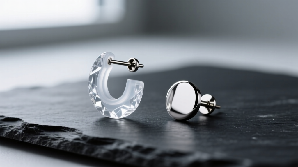 Close-up of a clear PTFE bioplast earring retainer and a polished titanium flat-back stud resting side-by-side on dark slate