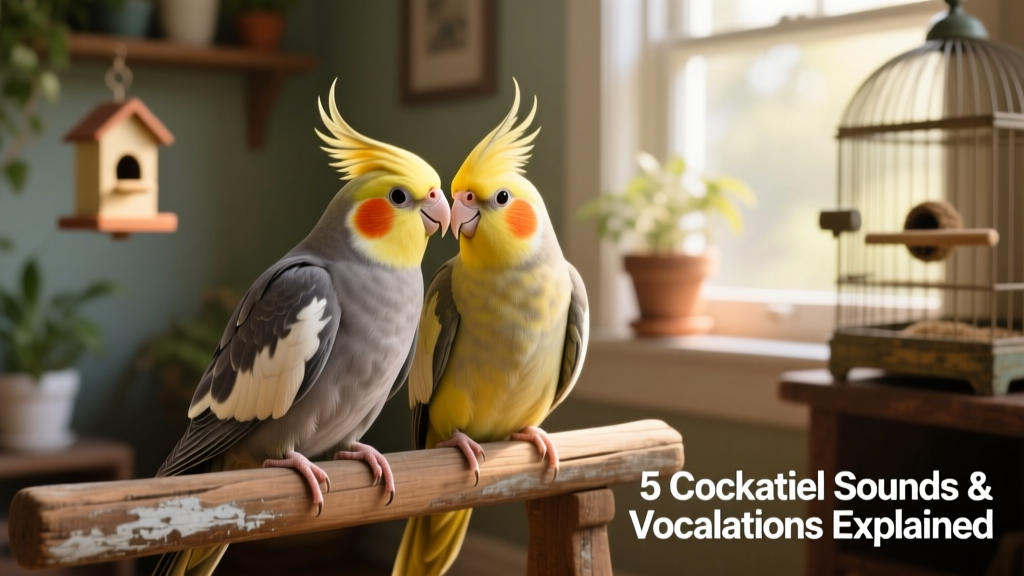 Two cockatiels sitting side-by-side on a perch, one gently preening the other’s head feathers