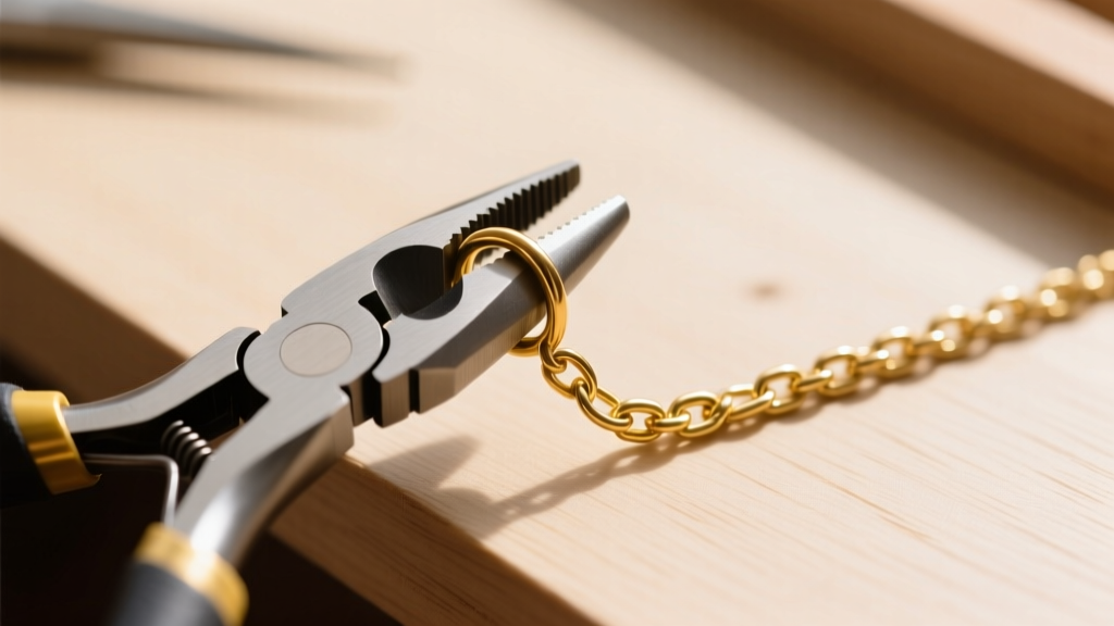 Chain-nose pliers twisting a 5mm brass jump ring on a gold-plated chain, viewed top-down on a clean wooden workbench surface.