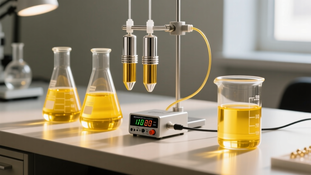 Jeweler workbench showing three glass beakers of bright yellow gold plating solution with titanium anodes and a digital rectifier