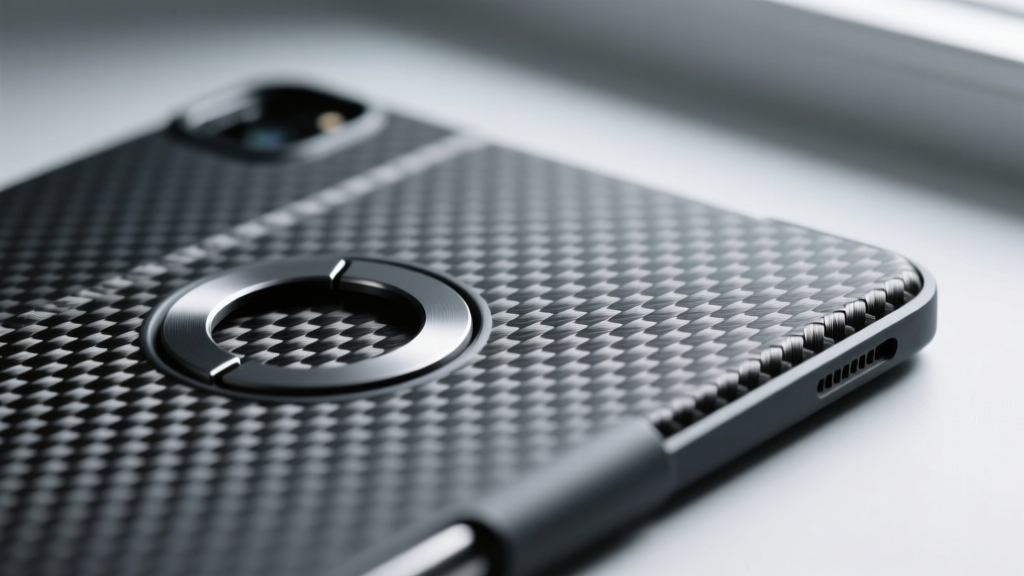 Macro shot of dark gray aramid fiber tablet case showing woven carbon-kevlar texture and precise magnetic alignment ring cutouts