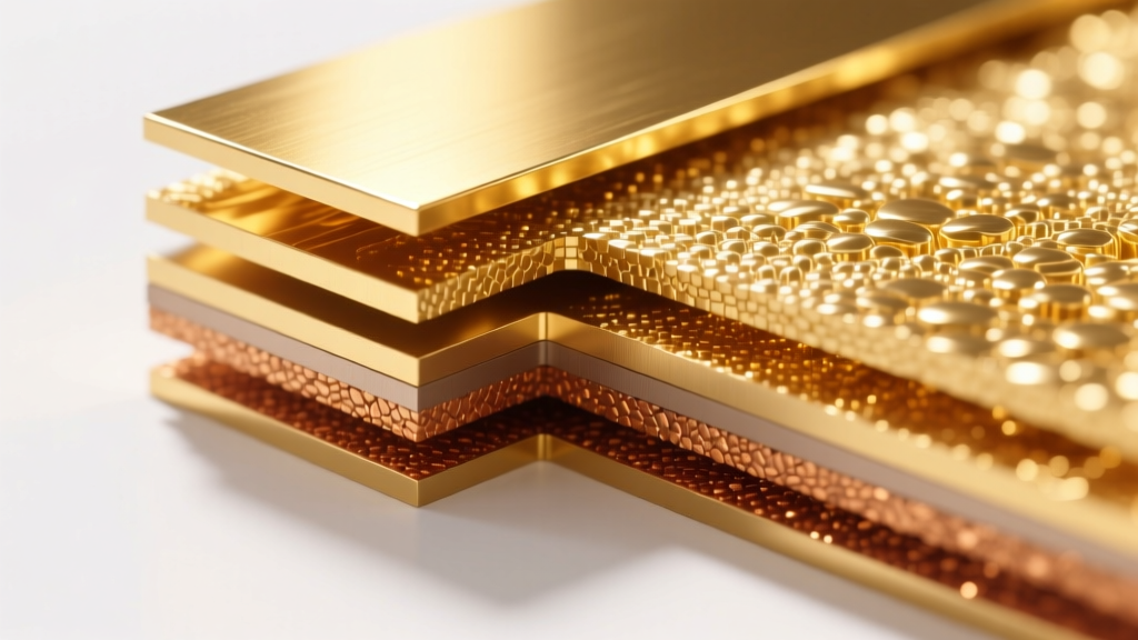 Cross-section diagram style photograph showing the microscopic layers of gold electroplating over a textured brass base metal core.