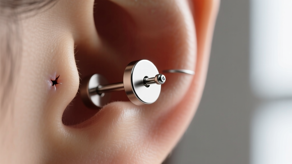 Side view of a flat-back titanium small stud earring in healed cartilage, highlighting the 16-gauge post and disc backing