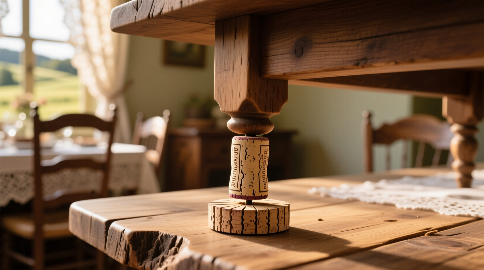 use a sliced up wine cork to stabilize wobbly tables