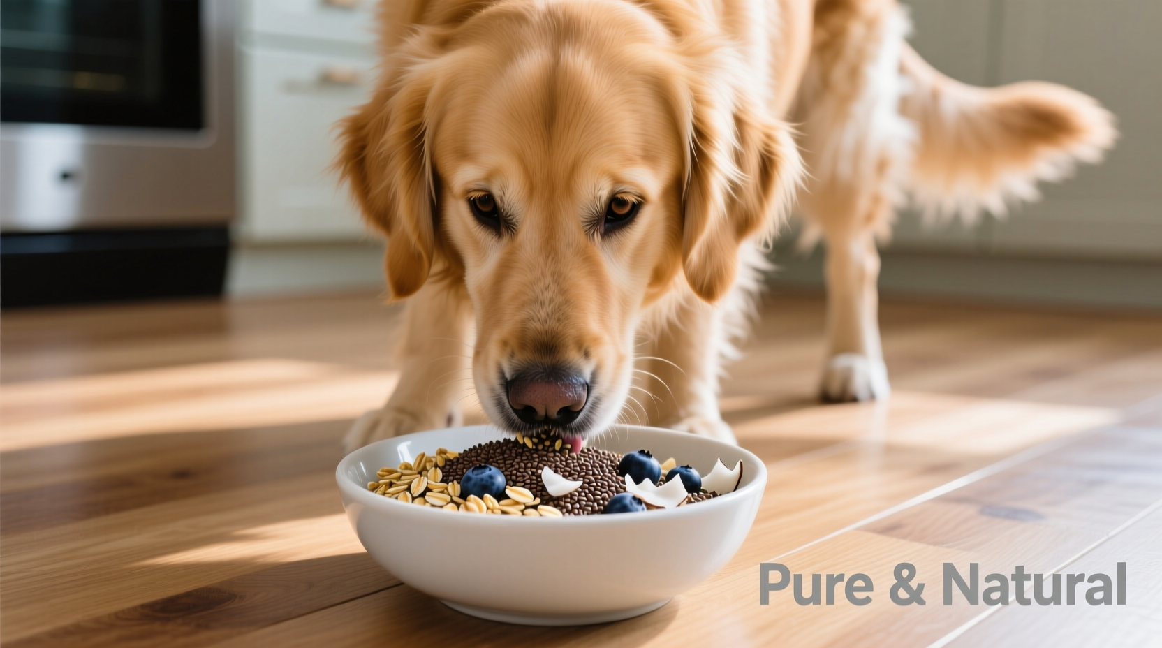 Golden retriever eating chia seed mixture from bowl