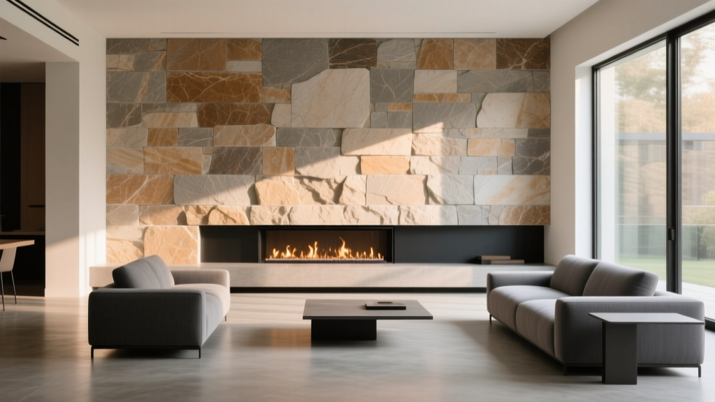 Modern living room featuring a textured manufactured limestone interior wall stone veneer accent behind a sleek linear gas fireplace