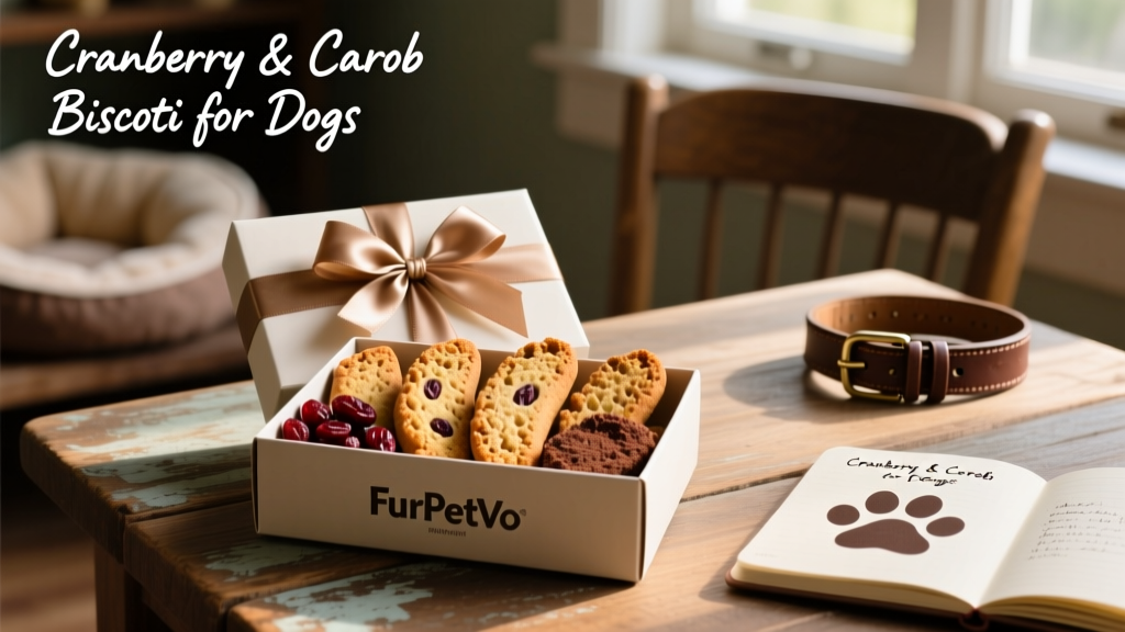 Assorted dog biscotti treats displayed in a branded FurPetVo gift box with ribbon