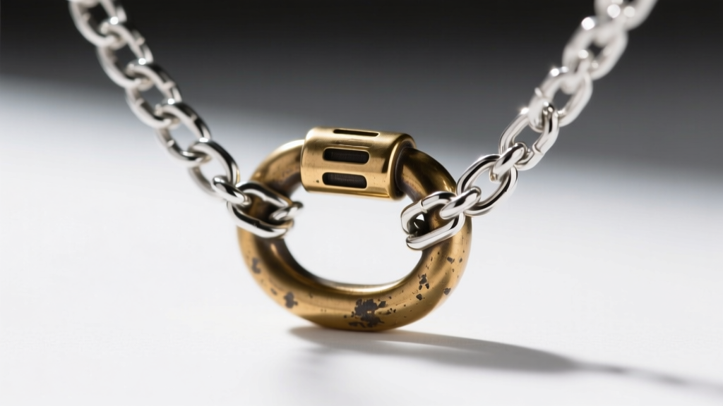 Macro shot of a 1.5mm rhodium-plated sterling silver box chain threading through the bail of a heavy brass microphone necklace