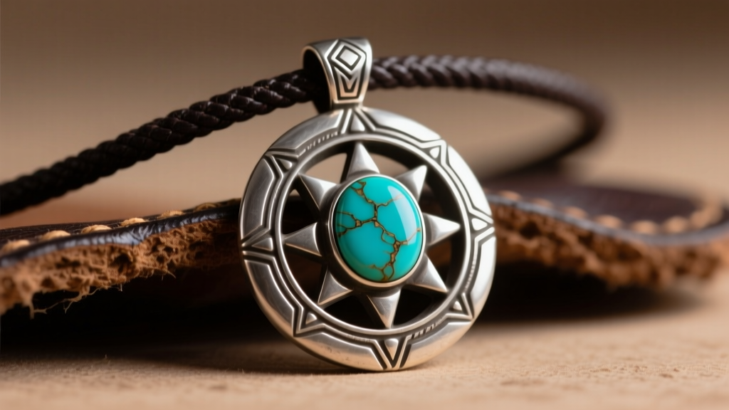 Authentic Navajo tufa-cast sterling silver medicine wheel pendant with a central Royston turquoise cabochon resting on dark leather