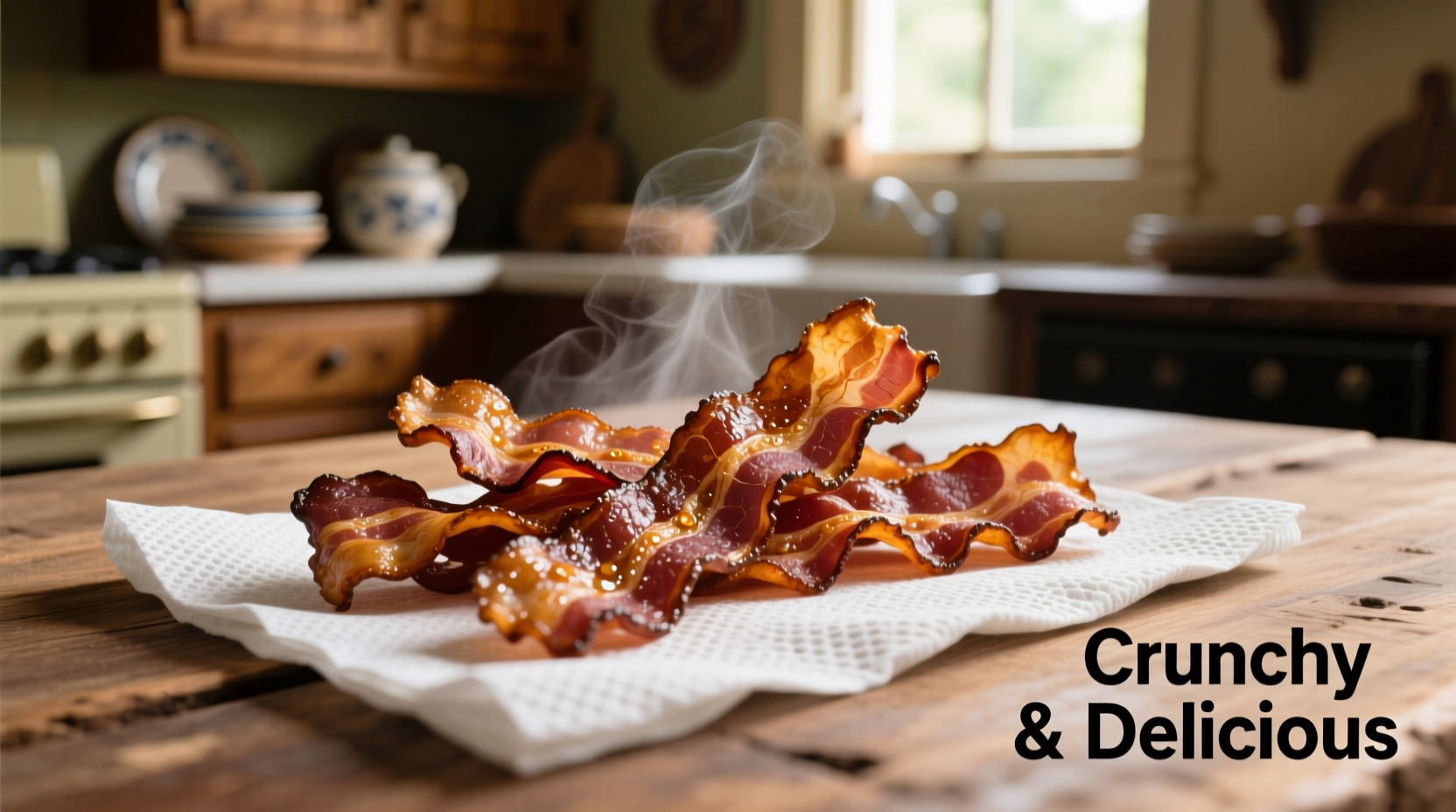 Crispy bacon strips on paper towels