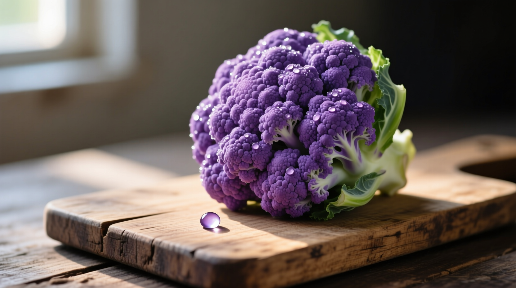 Fresh purple cauliflower head on wooden cutting board