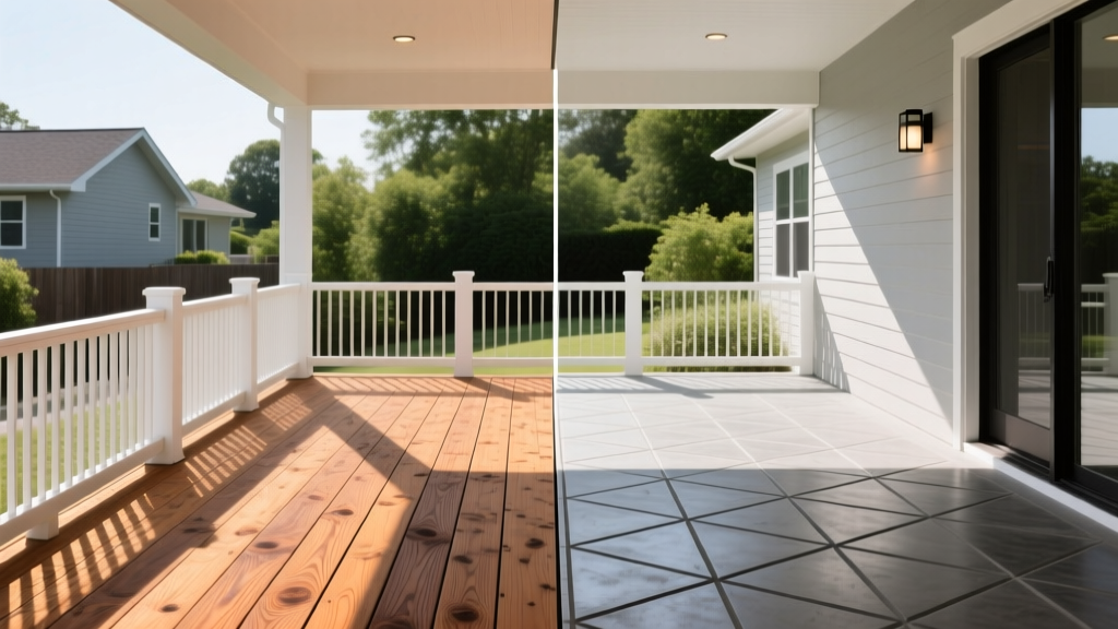 Split-view of a wraparound porch featuring pressure-treated wood decking on the left and stamped concrete on the right