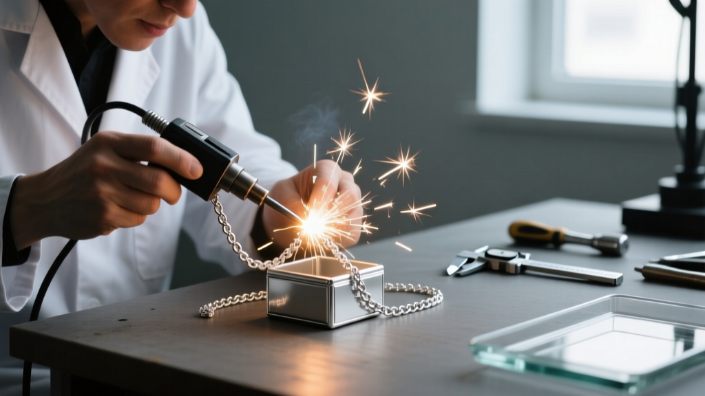 Jeweler using a laser welder on a thin sterling silver box chain, bright sparks visible against a dimly lit workbench background.