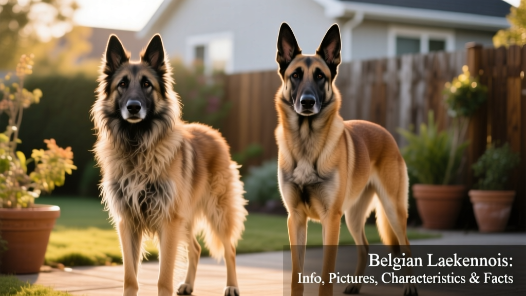Side-by-side comparison showing the distinct wiry coat of a Belgian Laekenois next to a smooth-coated Belgian Malinois