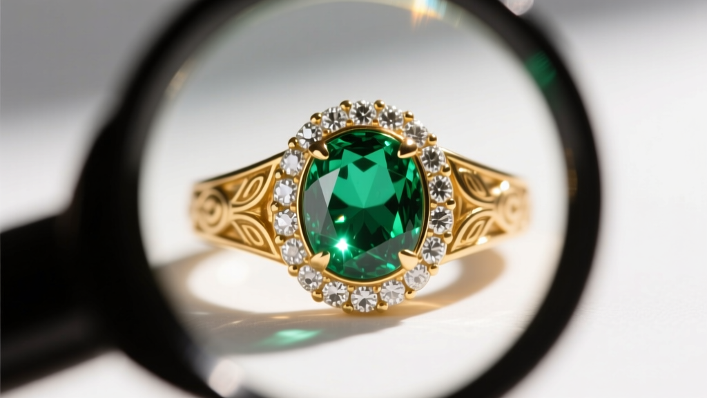 Macro view through a jeweler's loupe examining micro-prong bead settings on the lower wing of a diamond gold butterfly pendant.