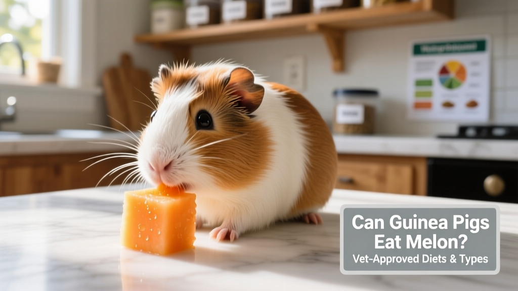 A guinea pig gently nibbling a small cube of bright orange cantaloupe on a clean surface
