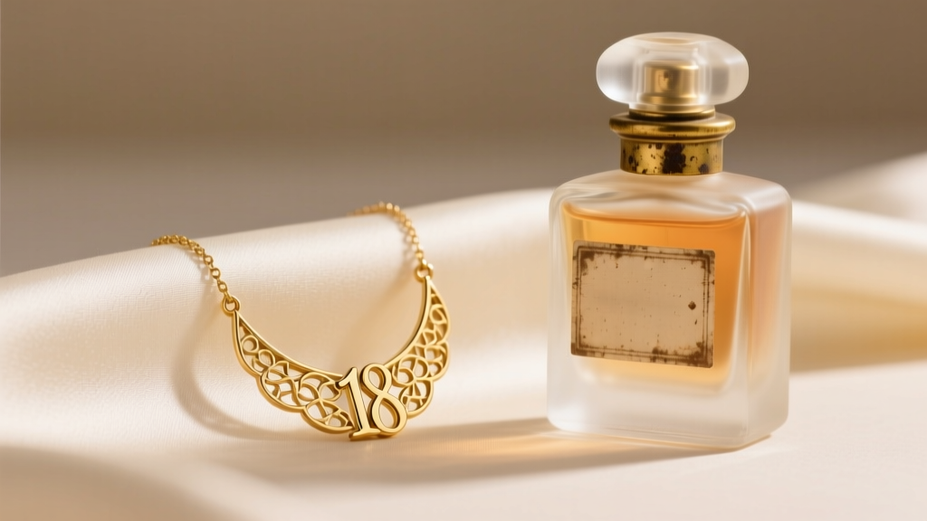 Delicate 18k gold vermeil initial necklace on cream silk beside a vintage perfume bottle in soft morning light