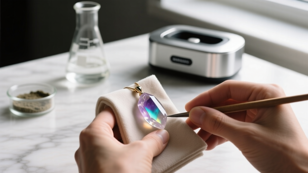 Hands polishing a raw quartz pendant on a microfiber cloth, with anti-tarnish dip and a sonic cleaner in the blurred background.