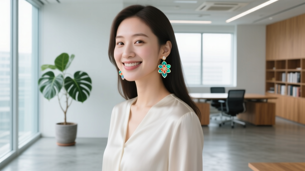 Young woman wearing subtle one-inch acrylic Hanafuda dangle earrings, smiling in a bright modern office with soft natural light.