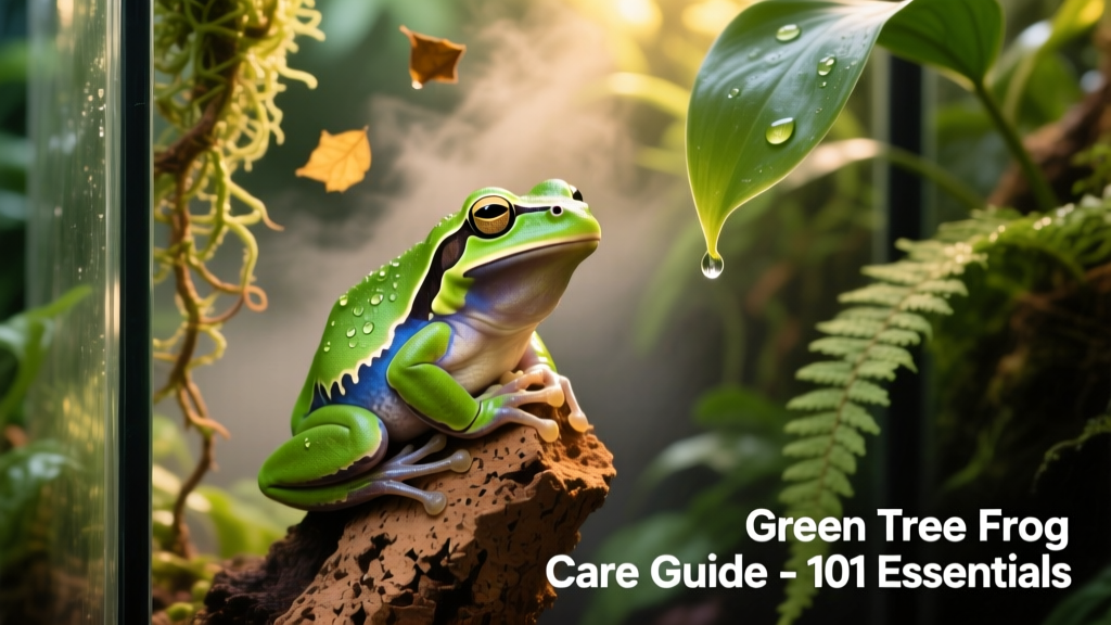 A healthy green tree frog perched on a piece of cork bark in a lush, vertically oriented terrarium with live plants and misted foliage