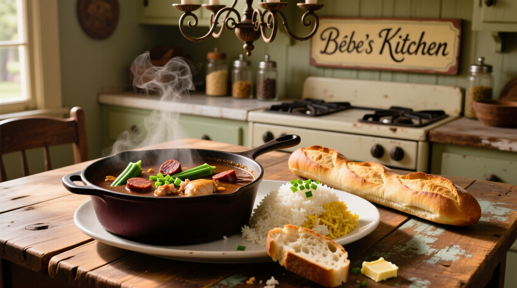 Traditional Louisiana gumbo served with rice and French bread