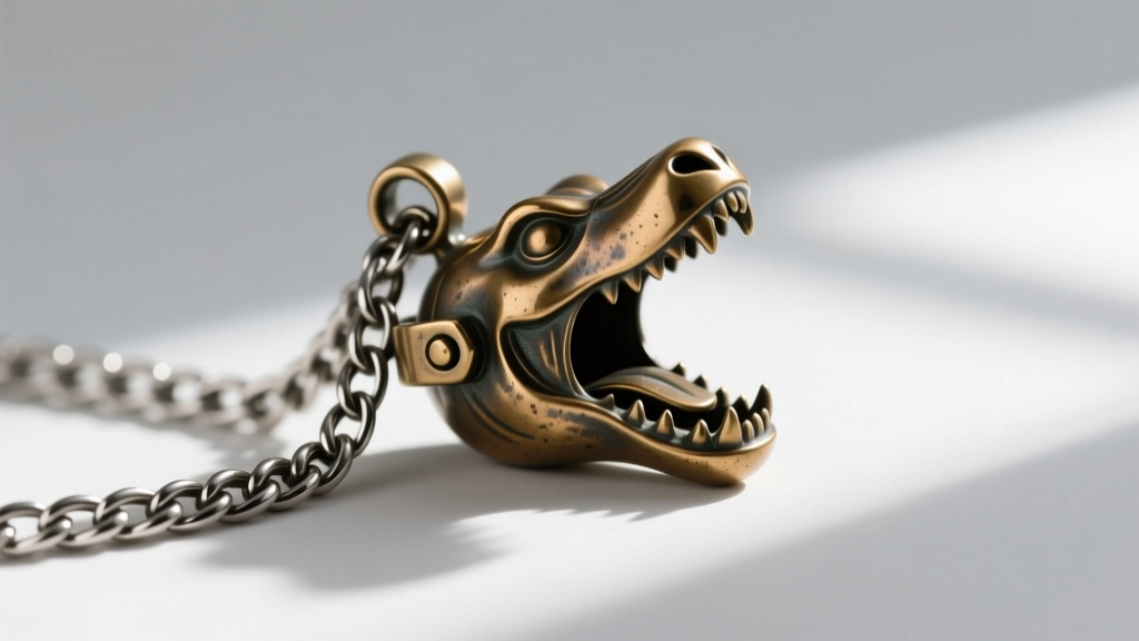 Close-up of a heavy cast bronze novelty pendant with an articulated jaw hinge, resting on a 6mm stainless steel Cuban link chain.