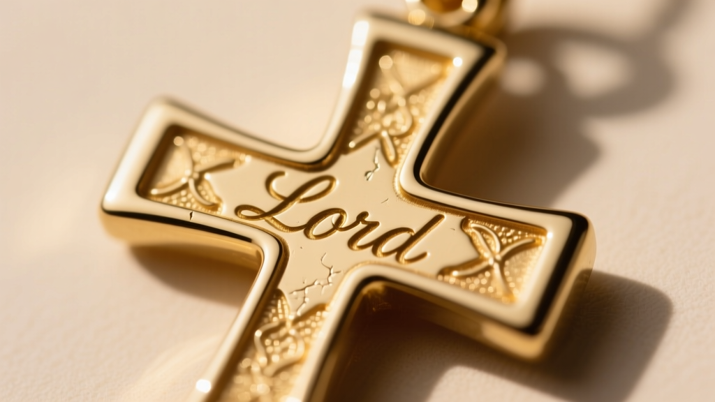 Close-up of a 14k gold cross pendant with micro-engraved Lord's Prayer text resting on dark slate under soft studio lighting.