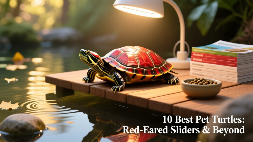 Red-eared slider basking on a platform under a UVB lamp, with clear water visible below