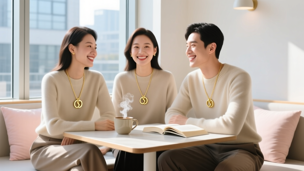 Three friends in a cafe wearing matching 14k gold interlocking circle pendants on delicate chains, smiling warmly at the camera.