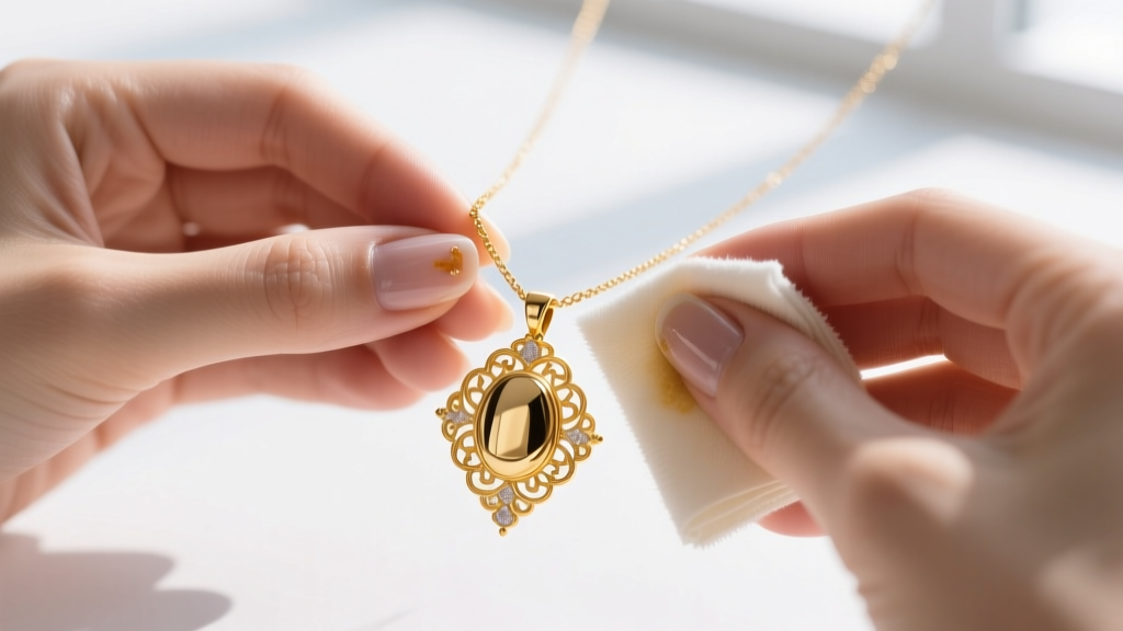 Jeweler hands using a soft microfiber cloth and non-abrasive solution to gently clean a delicate 9999 pure gold pendant necklace.