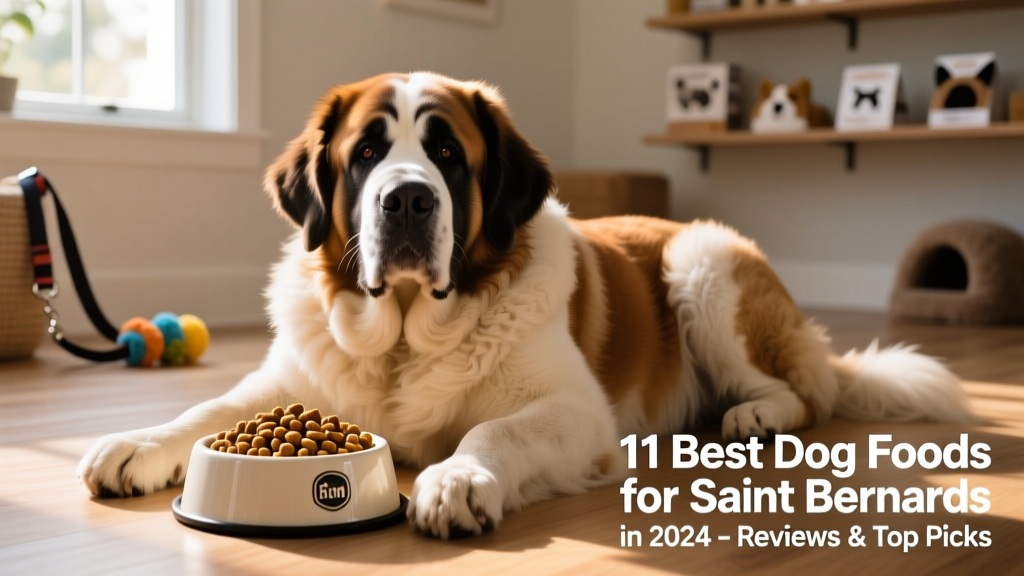 A calm, well-muscled adult Saint Bernard resting beside a high-quality dog food bowl filled with kibble