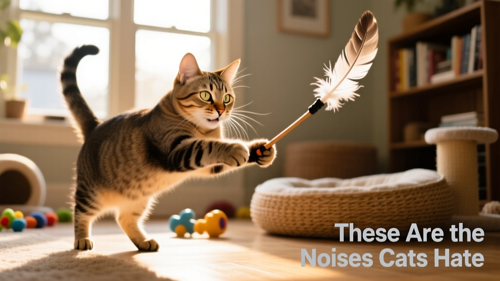 Cat playing happily with a feather wand toy, fully engaged and relaxed