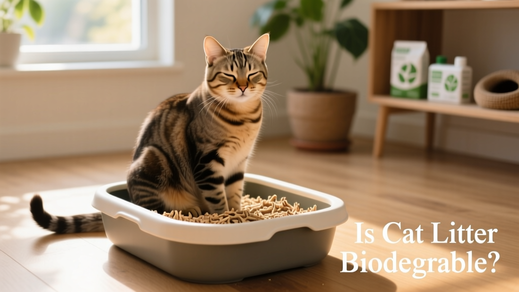 Cat using a litter box filled with wood-based litter, looking comfortable and relaxed