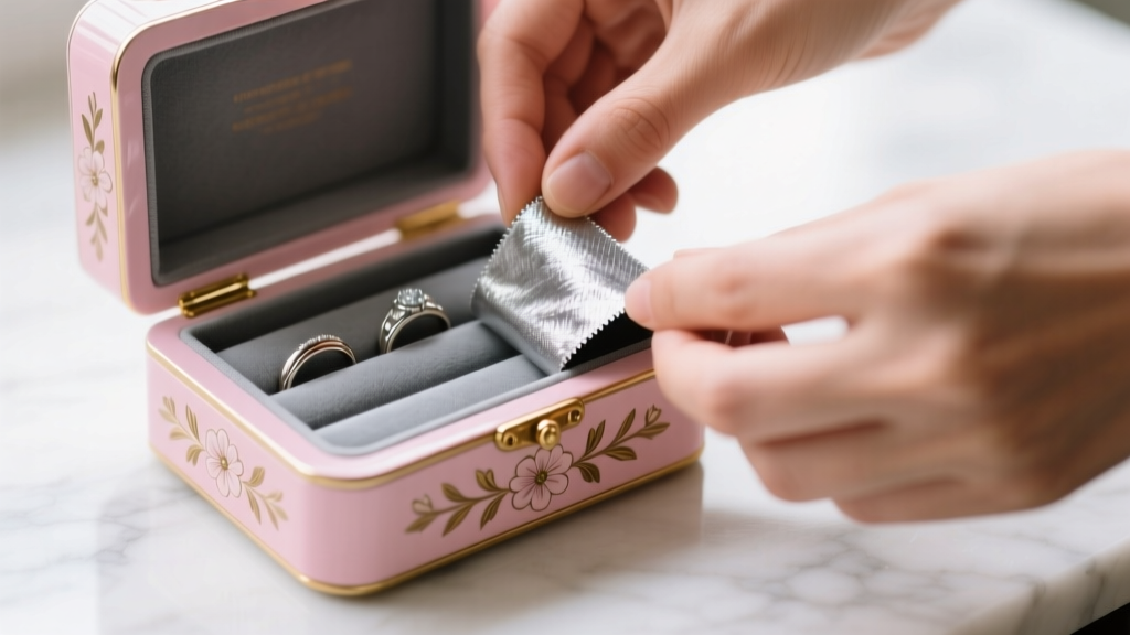 Hands carefully tucking a piece of charcoal-grey anti-tarnish silvercloth into the ring roll slots of a pink vintage jewelry box.
