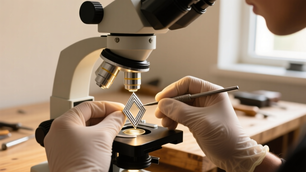 Jeweler using a microscope and fine burr to micro-bevel the sharp acute vertex of a sterling silver rhombus earring in a workshop