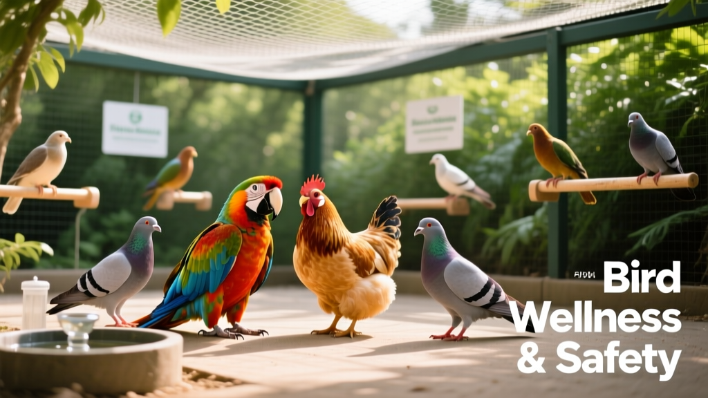 A diverse group of healthy birds—including chickens, a parrot, and pigeons—in a clean, well-maintained outdoor enclosure with secure netting overhead