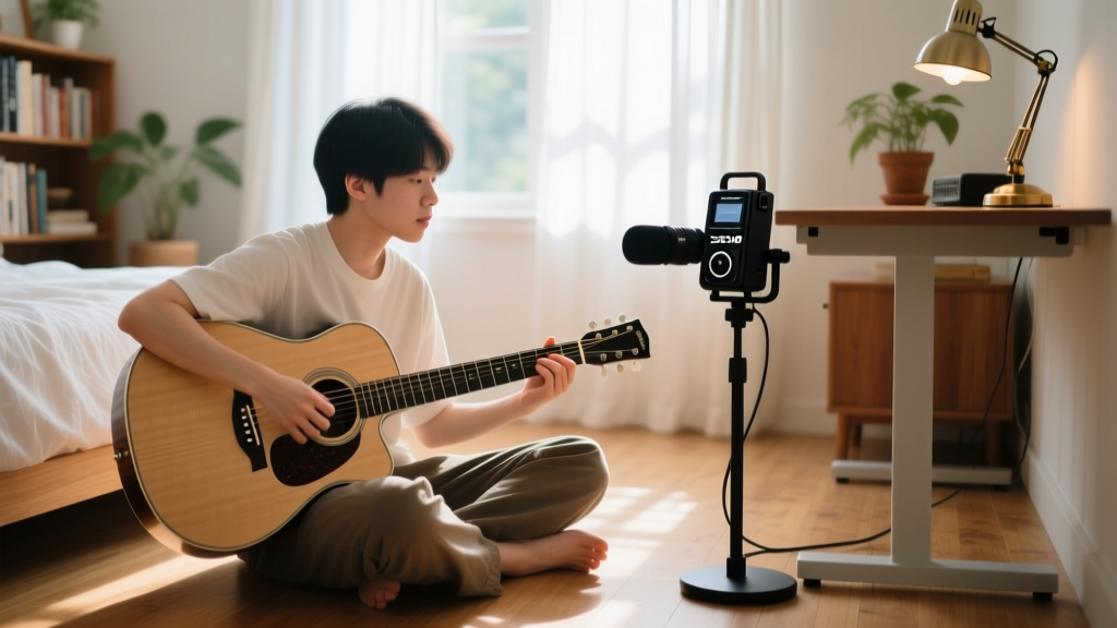 A musician recording an acoustic guitar in a bedroom using a portable Zoom H1essential recorder mounted on a desktop stand
