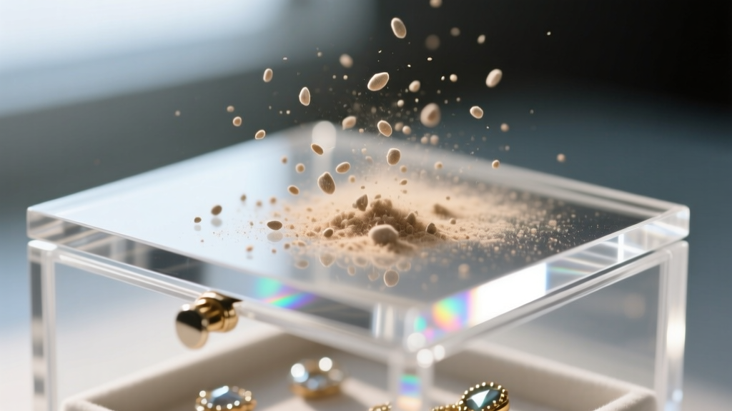 Macro shot of dust particles clinging to the clear plastic lid of an acrylic jewelry organizer due to static electricity buildup.