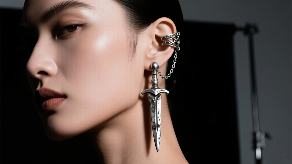 Oxidized silver ear cuffs with delicate chains connecting to a lower lobe dagger earring on a model in moody, dark stage lighting