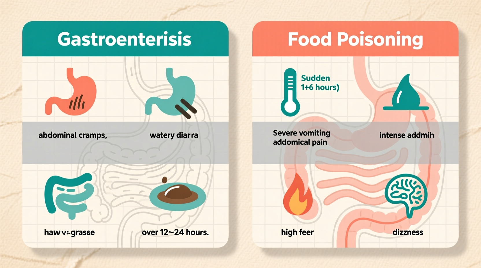 Side-by-side comparison of gastroenteritis and food poisoning symptoms