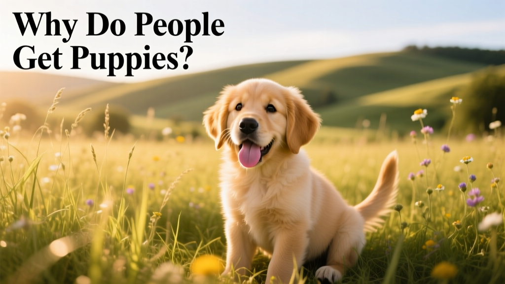 A golden retriever puppy sitting playfully in sunlit grass, tongue out and tail wagging