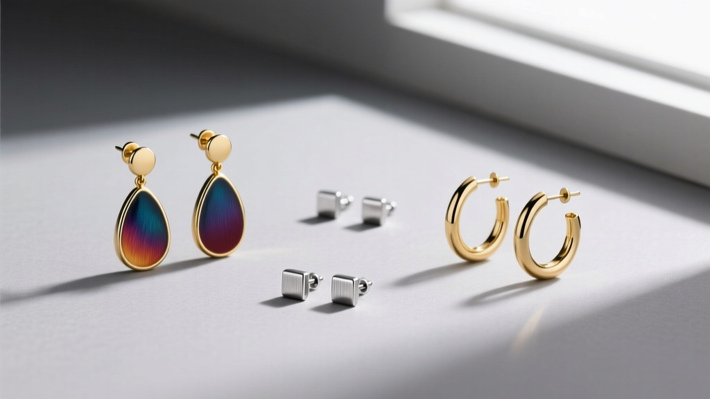 Flat lay of passport-safe earrings including matte enamel drops, small titanium studs, and thin gold huggies on a gray background