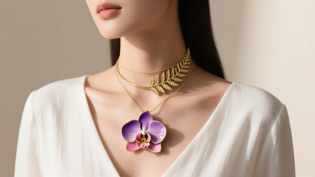 Woman wearing layered botanical necklaces with enamel orchid and gold fern pendant over white linen top, soft light, torso crop