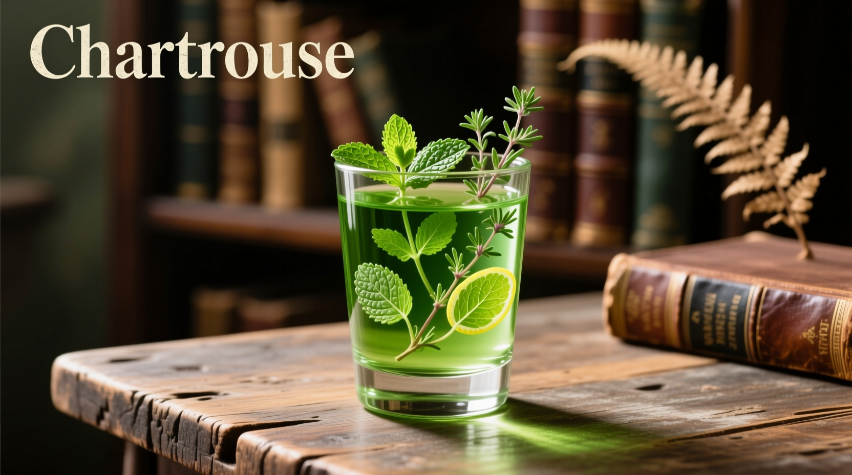 Glass of Chartreuse liqueur with herbs
