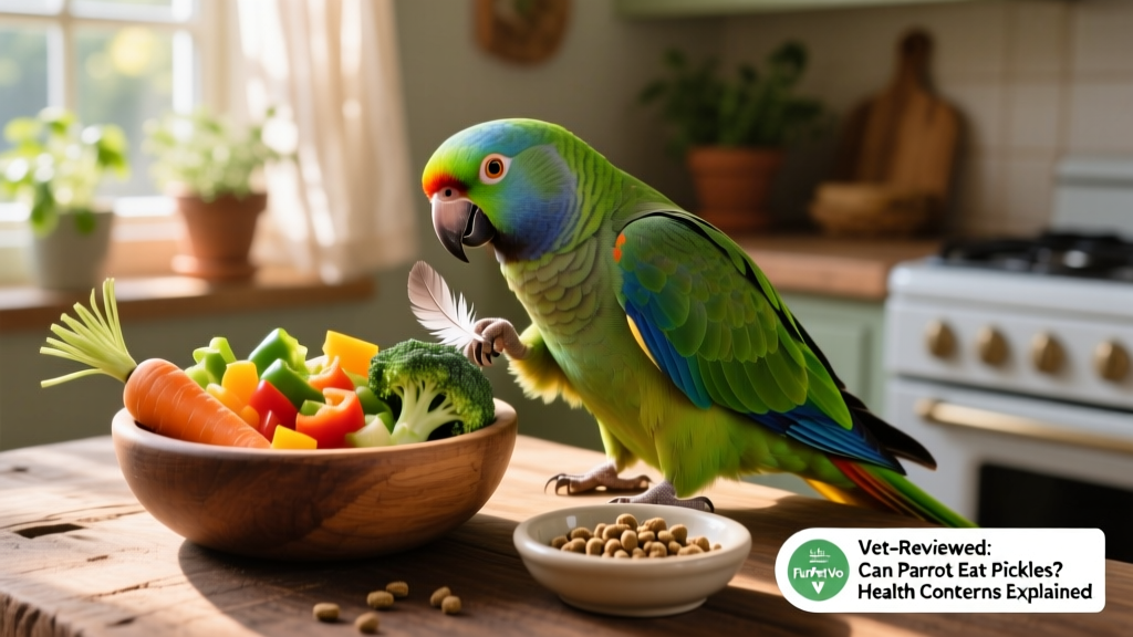 Happy, alert parrot preening its feathers beside a bowl of fresh vegetables and a small dish of FurPetVo pellets