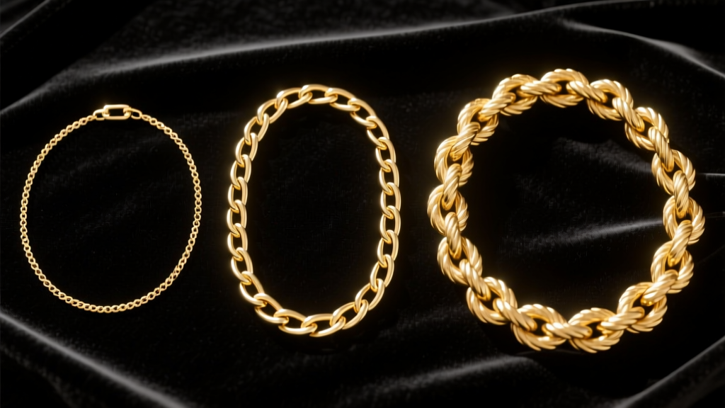 Three 50cm gold chains laid flat on black velvet, from a fragile 0.8mm thread chain to a sturdy 3mm rope chain, top-down view