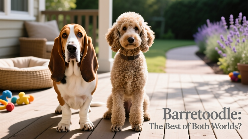 Side-by-side comparison of a purebred Basset Hound and a standard Poodle, highlighting physical traits that may appear in a Bassetoodle