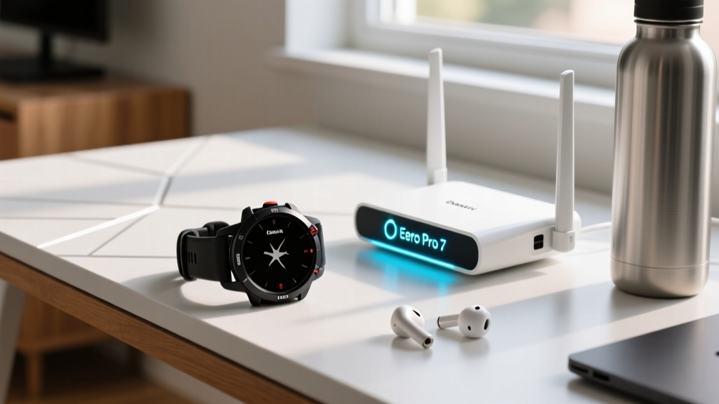 Close-up of a Garmin Fenix 8 smartwatch failing to sync next to a blinking Eero Pro 7 mesh router node on a modern home gym desk