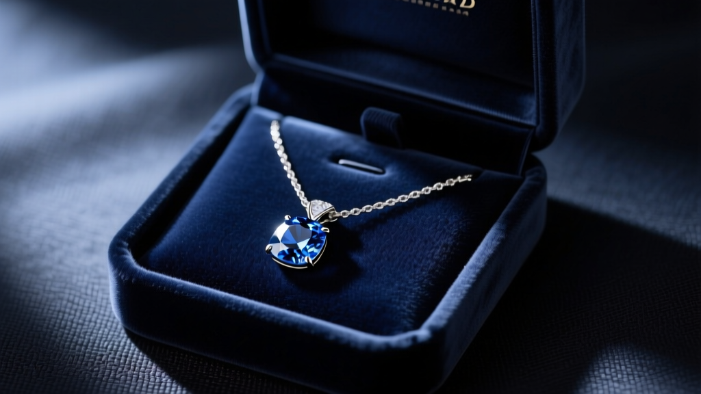Elegant velvet display box revealing a platinum blue sapphire pendant necklace resting on dark navy fabric under warm spotlight.